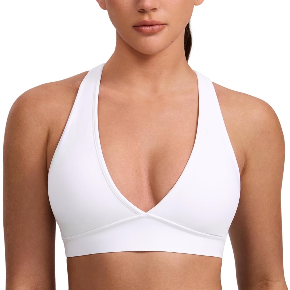 image:imageCRZ YOGA Butterlift Deep V Neck Sports Bras for Women Padded Gym Wide Straps CutOut Cross Back Crop Pilates Workout TopWhite
