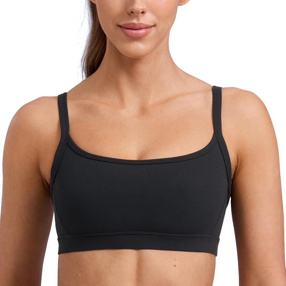 image:imageCRZ YOGA Butterlift Double Lined Scoop Neck Sports Bras for Women  Spaghetti Straps U Back Yoga Top Non PaddedBlack