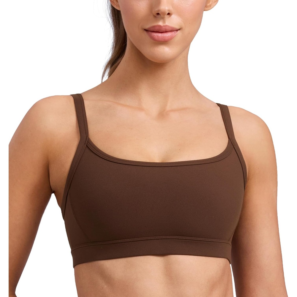 image:imageCRZ YOGA Butterlift Double Lined Scoop Neck Sports Bras for Women Spaghetti Straps U Back Yoga Top Non PaddedLava Brown