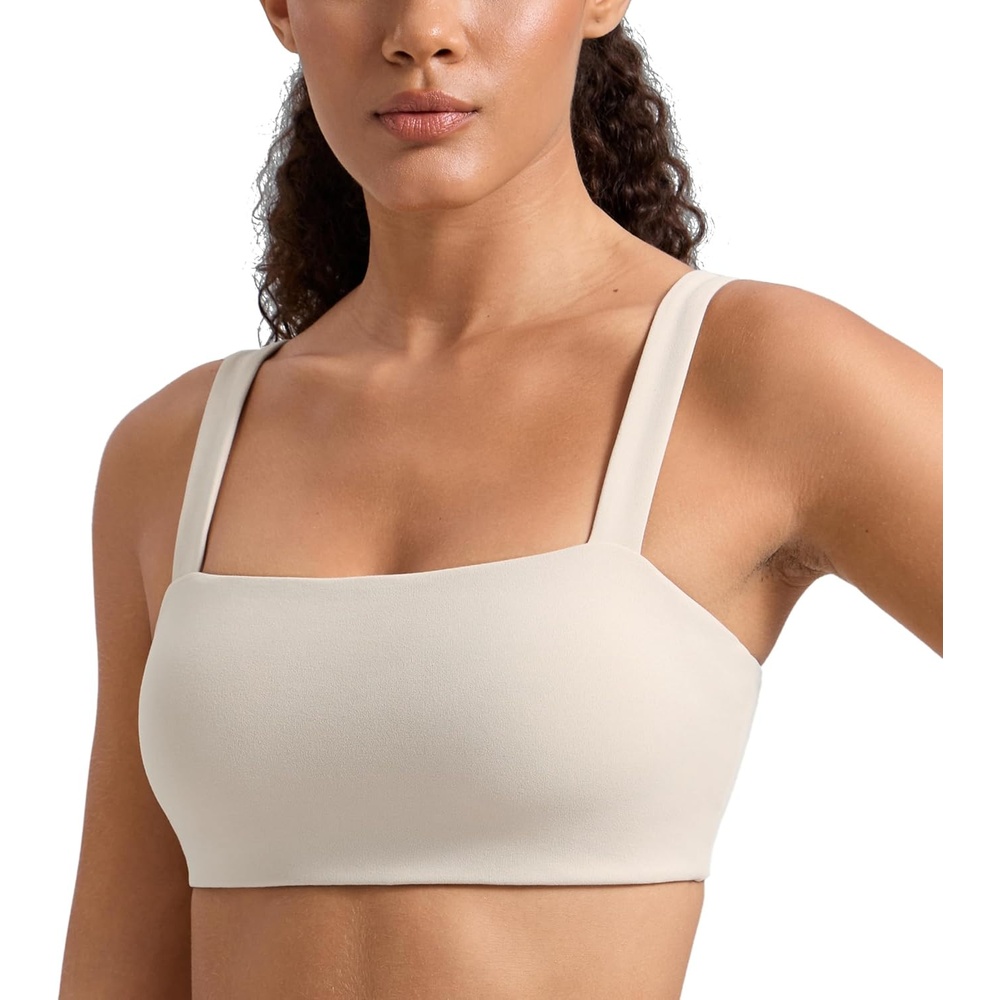 image:imageCRZ YOGA Butterlift Minimal Square Sports Bras for Women Padded Supportive Wide Straps Yoga Workout TopMojave Tan