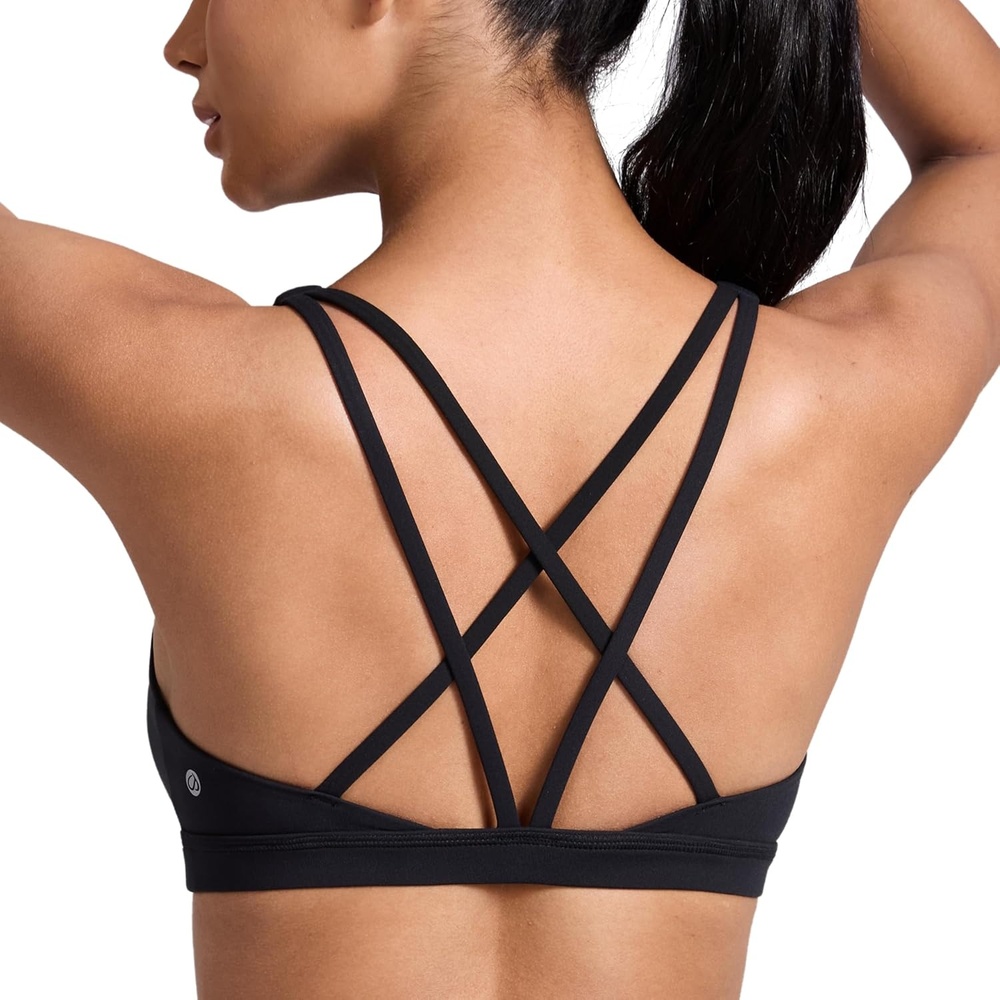 image:imageCRZ YOGA Butterlift Strappy Sports Bras for Women Padded Low Cut Scoop Neck Cross Back Pilates Yoga TopBlack