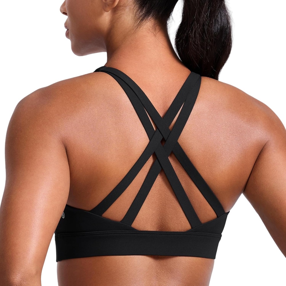 image:imageCRZ YOGA Butterlift Wide Criss Cross Straps Supportive Sports Bras for Women Medium Impact Strappy Gym Padded Workout TopBlack