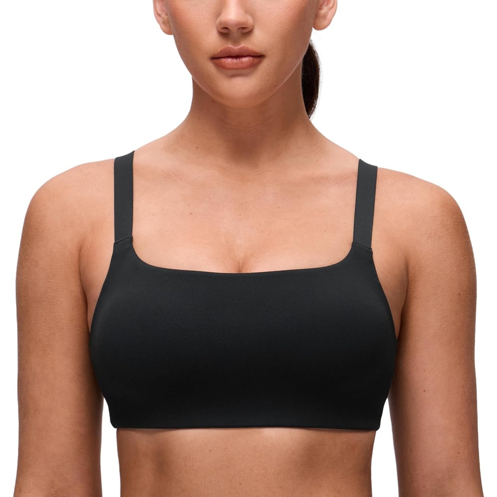 image:imageCRZ YOGA Butterluxe Adjustable Wide Strap Sports Bras for Women Square Back Padded Scoop Neck Yoga TopBlack