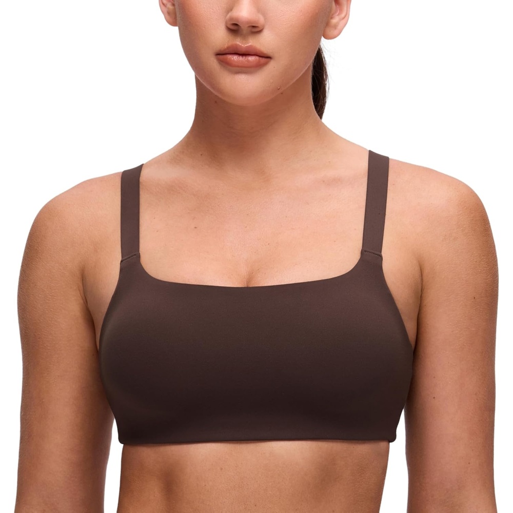 image:imageCRZ YOGA Butterluxe Adjustable Wide Strap Sports Bras for Women Square Back Padded Scoop Neck Yoga TopHot Fudge Brown