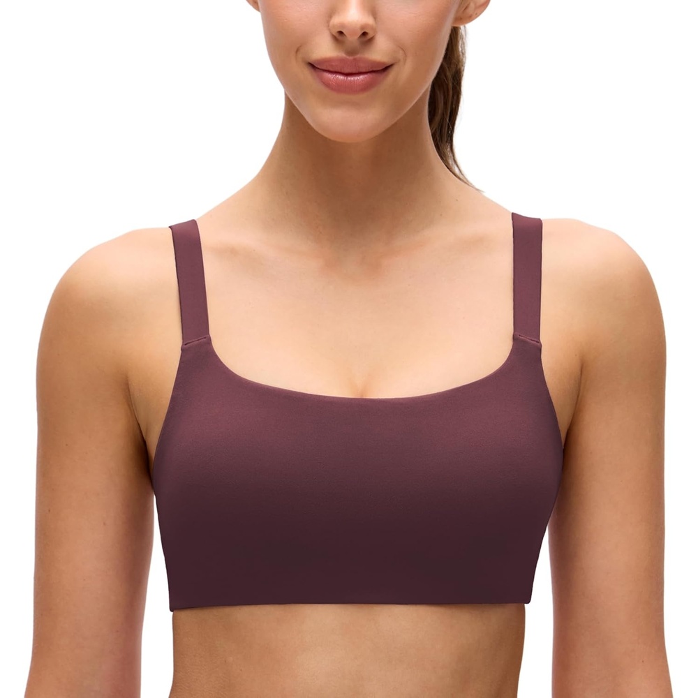 image:imageCRZ YOGA Butterluxe Adjustable Wide Strap Sports Bras for Women Square Back Padded Scoop Neck Yoga TopRipe Plum