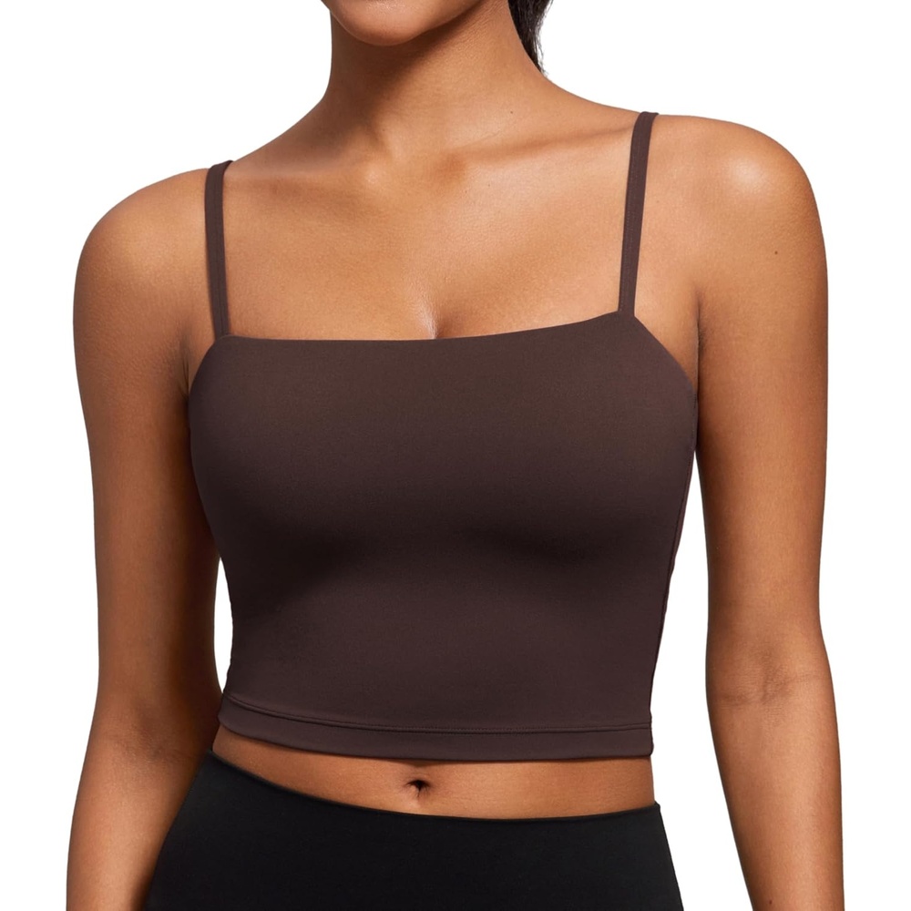 image:imageCRZ YOGA Butterluxe Cami Crop Tank Tops for Women  Square Neck Adjustable Padded Longline Sports Bras Workout CamisoleHot Fudge Brown