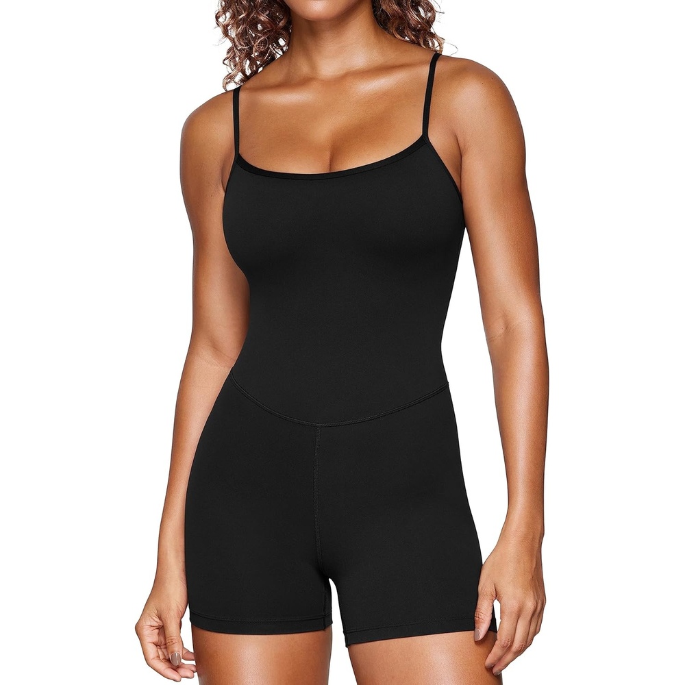 image:imageCRZ YOGA Butterluxe Cami Strap Rompers for Women Adjustable Sleeveless One Piece Yoga Jumpsuits Bodysuit Shorts PaddedBlack