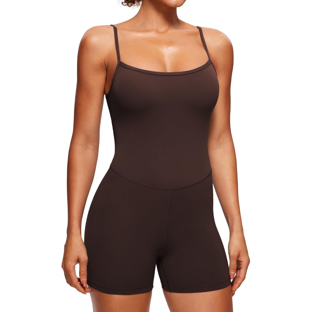 image:imageCRZ YOGA Butterluxe Cami Strap Rompers for Women Adjustable Sleeveless One Piece Yoga Jumpsuits Bodysuit Shorts PaddedHot Fudge Brown