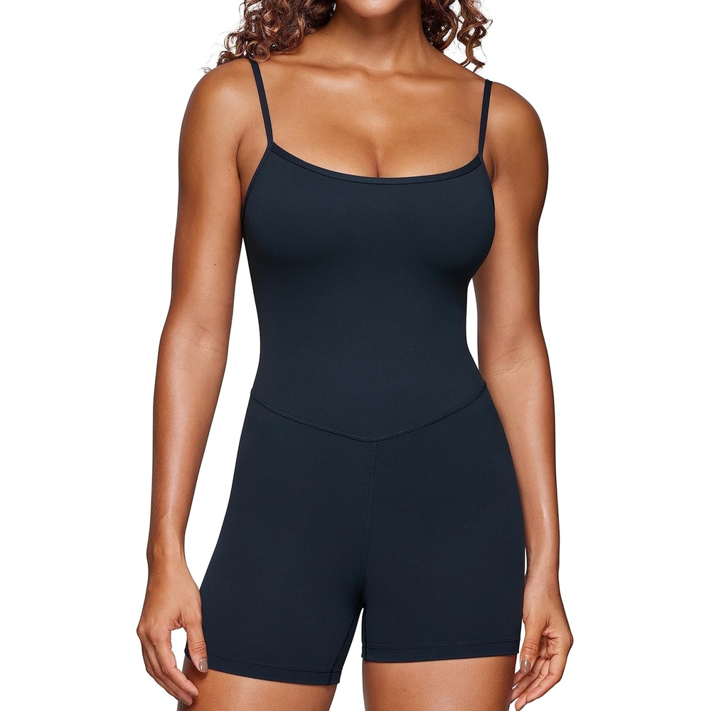 image:imageCRZ YOGA Butterluxe Cami Strap Rompers for Women Adjustable Sleeveless One Piece Yoga Jumpsuits Bodysuit Shorts PaddedTrue Navy