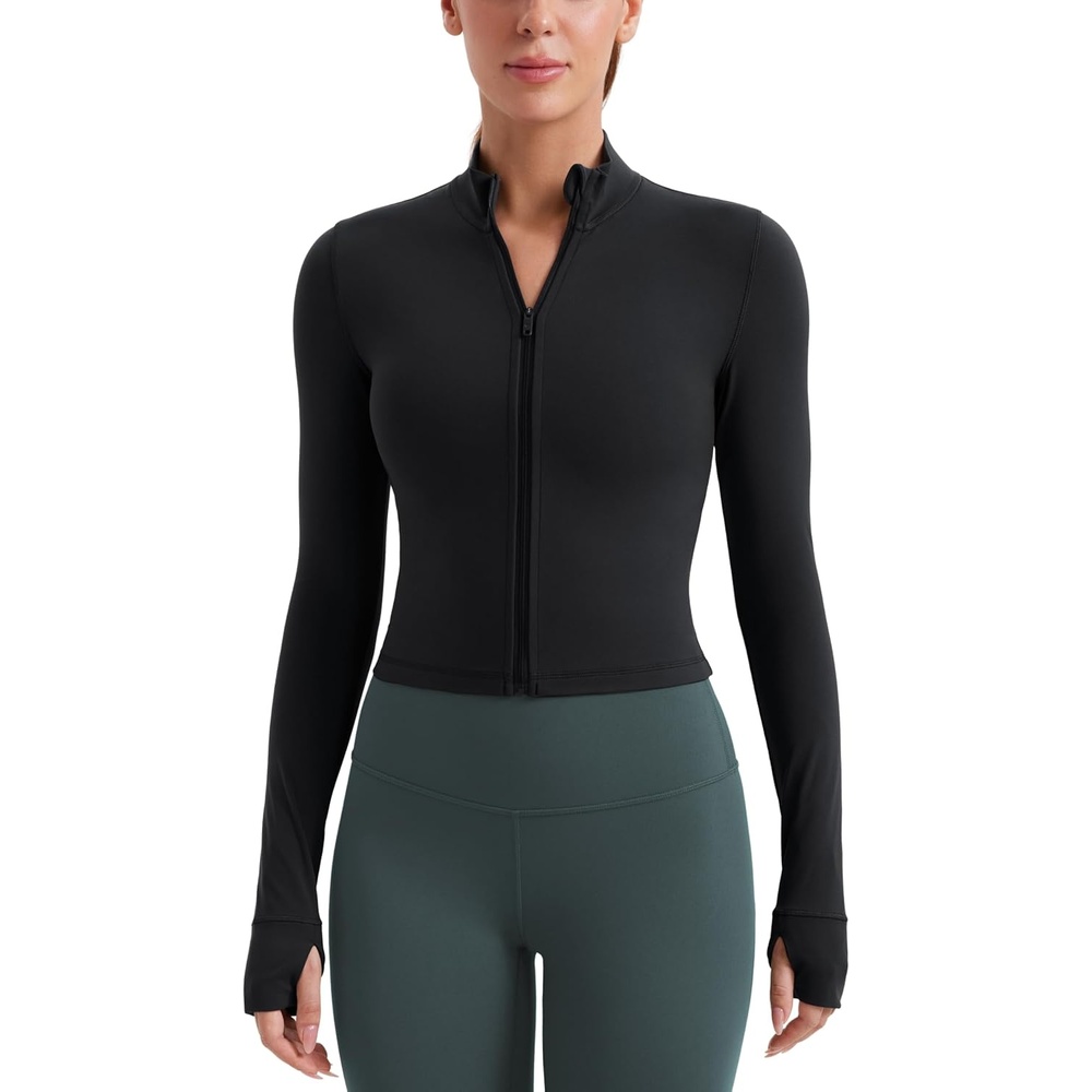 image:imageCRZ YOGA Butterluxe Cropped Athletic Jackets for Women  Full Zip Up Track Tops with Thumb Holes PocketsBlack