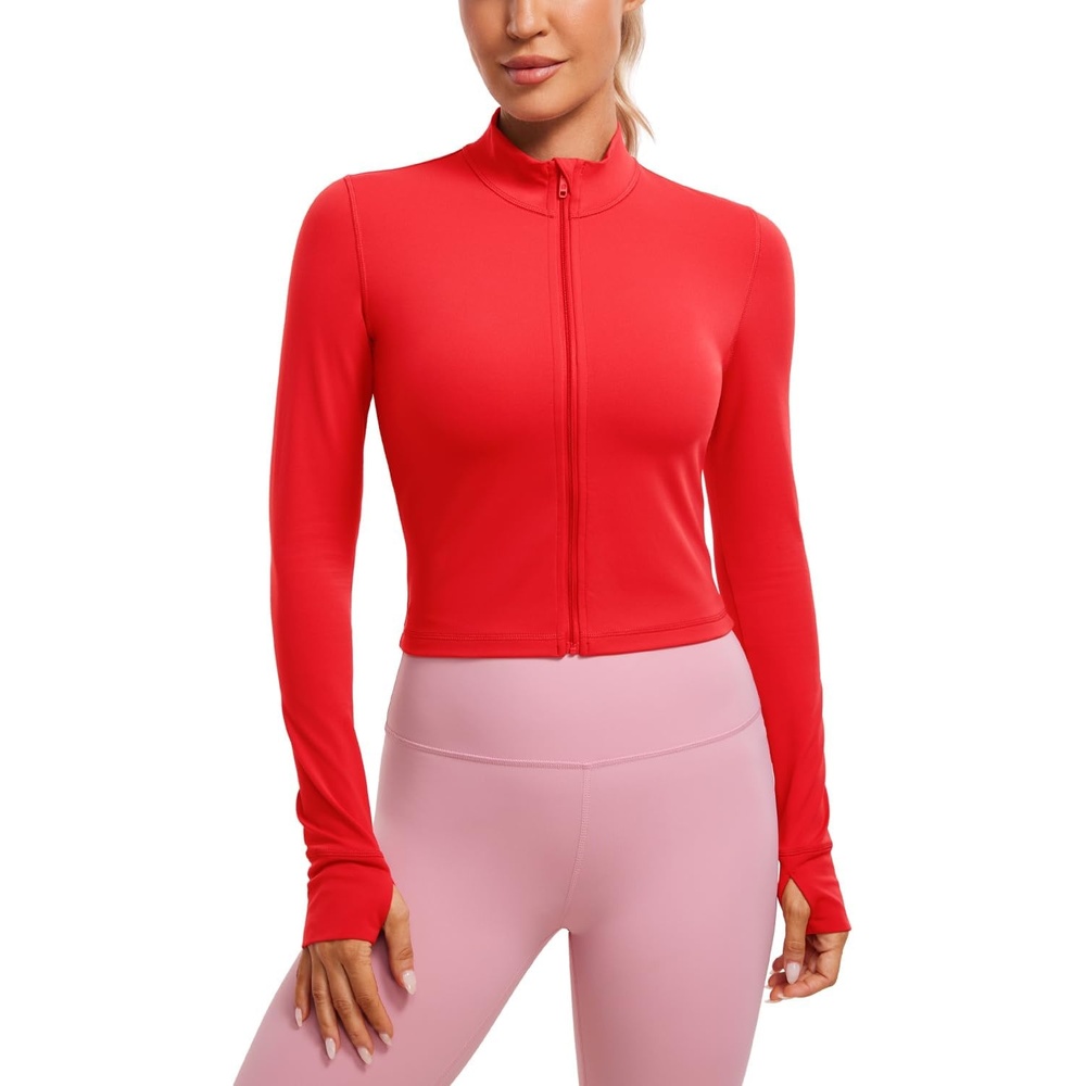 image:imageCRZ YOGA Butterluxe Cropped Athletic Jackets for Women Full Zip Up Track Tops with Thumb Holes PocketsDeep Red