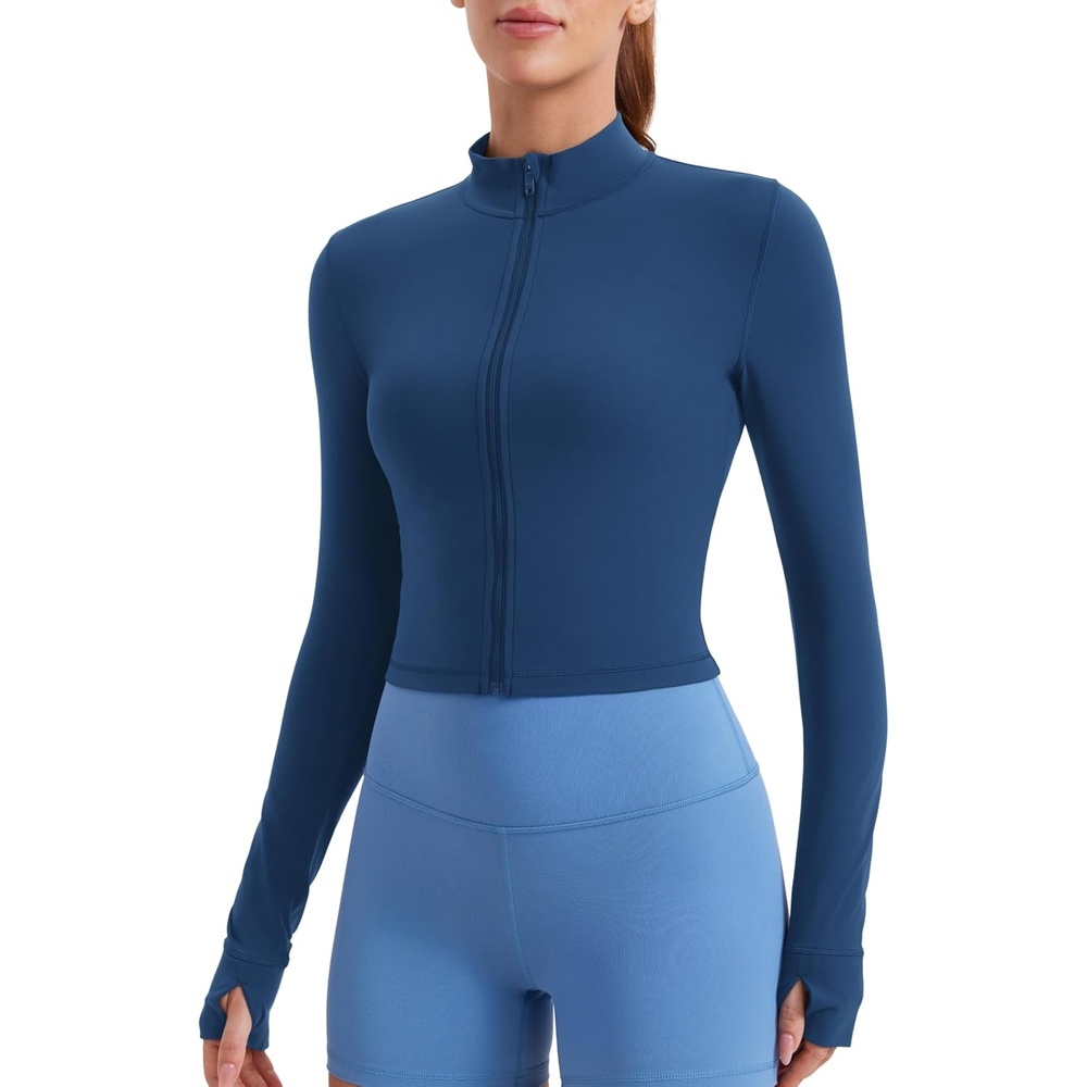 image:imageCRZ YOGA Butterluxe Cropped Athletic Jackets for Women  Full Zip Up Track Tops with Thumb Holes PocketsFrench Navy