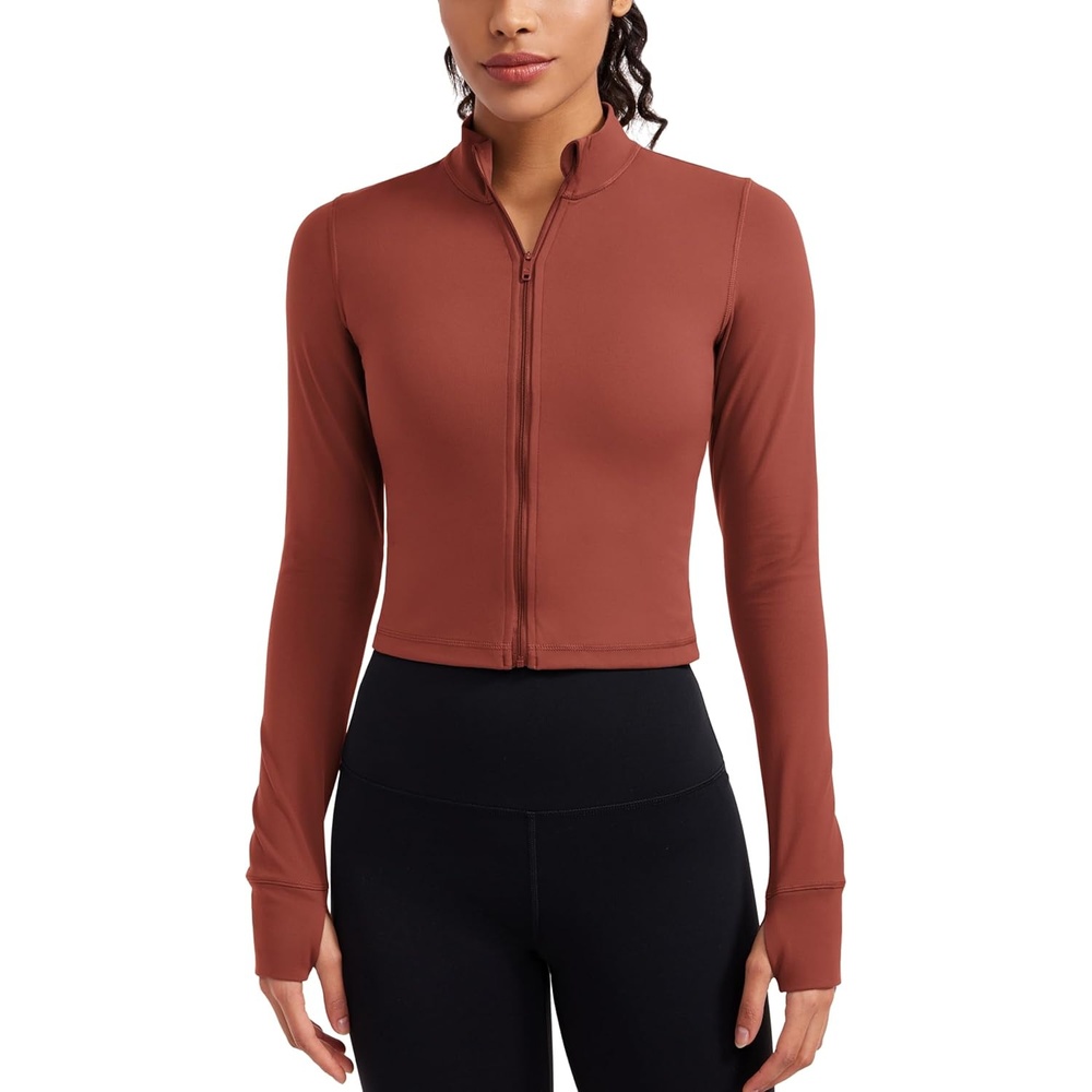 image:imageCRZ YOGA Butterluxe Cropped Athletic Jackets for Women  Full Zip Up Track Tops with Thumb Holes PocketsJujube Brown