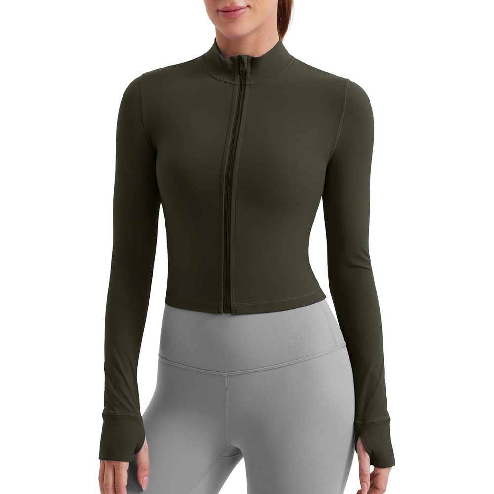 image:imageCRZ YOGA Butterluxe Cropped Athletic Jackets for Women Full Zip Up Track Tops with Thumb Holes PocketsOlive Green