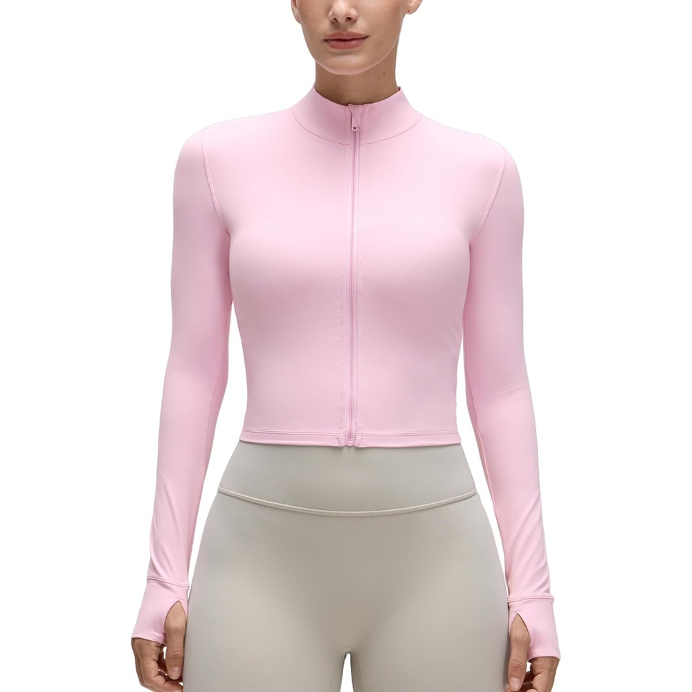 image:imageCRZ YOGA Butterluxe Cropped Athletic Jackets for Women  Full Zip Up Track Tops with Thumb Holes PocketsPink Peony