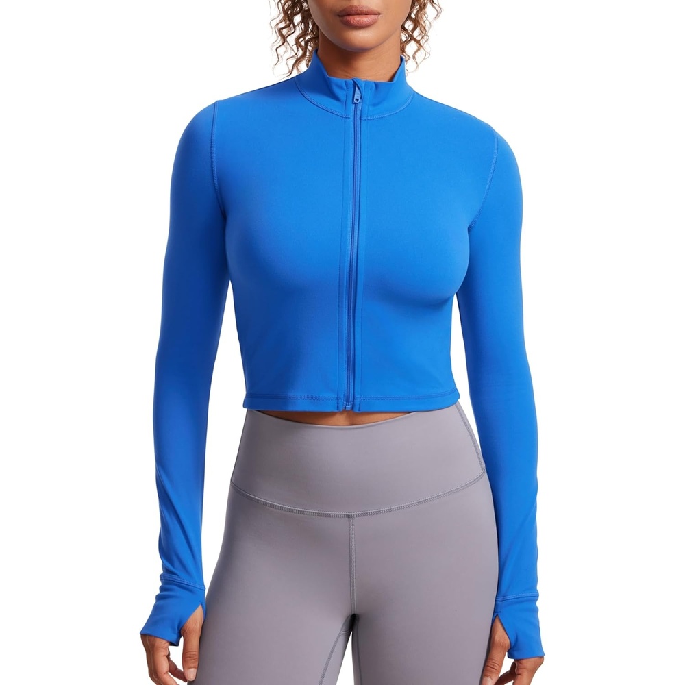 image:imageCRZ YOGA Butterluxe Cropped Athletic Jackets for Women  Full Zip Up Track Tops with Thumb Holes PocketsSparkle Blue