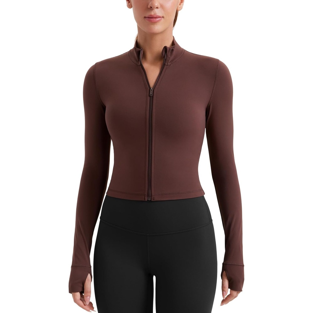 image:imageCRZ YOGA Butterluxe Cropped Athletic Jackets for Women  Full Zip Up Track Tops with Thumb Holes PocketsTaupe