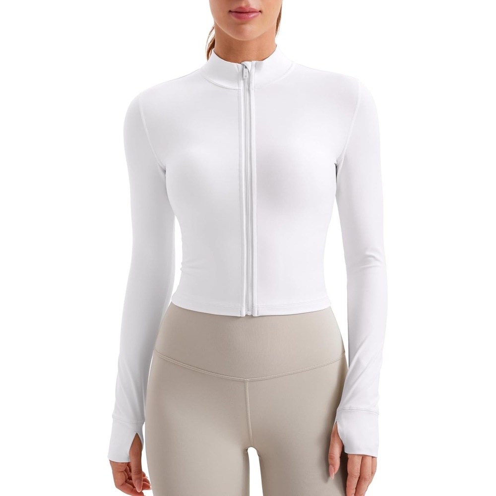 image:imageCRZ YOGA Butterluxe Cropped Athletic Jackets for Women  Full Zip Up Track Tops with Thumb Holes PocketsWhite