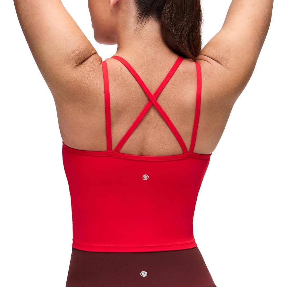 image:imageCRZ YOGA Butterluxe Cross Back Crop Tank Tops for Women V Neck Padded Spaghetti Straps Yoga Strappy Longline Sports BrasAurora Red