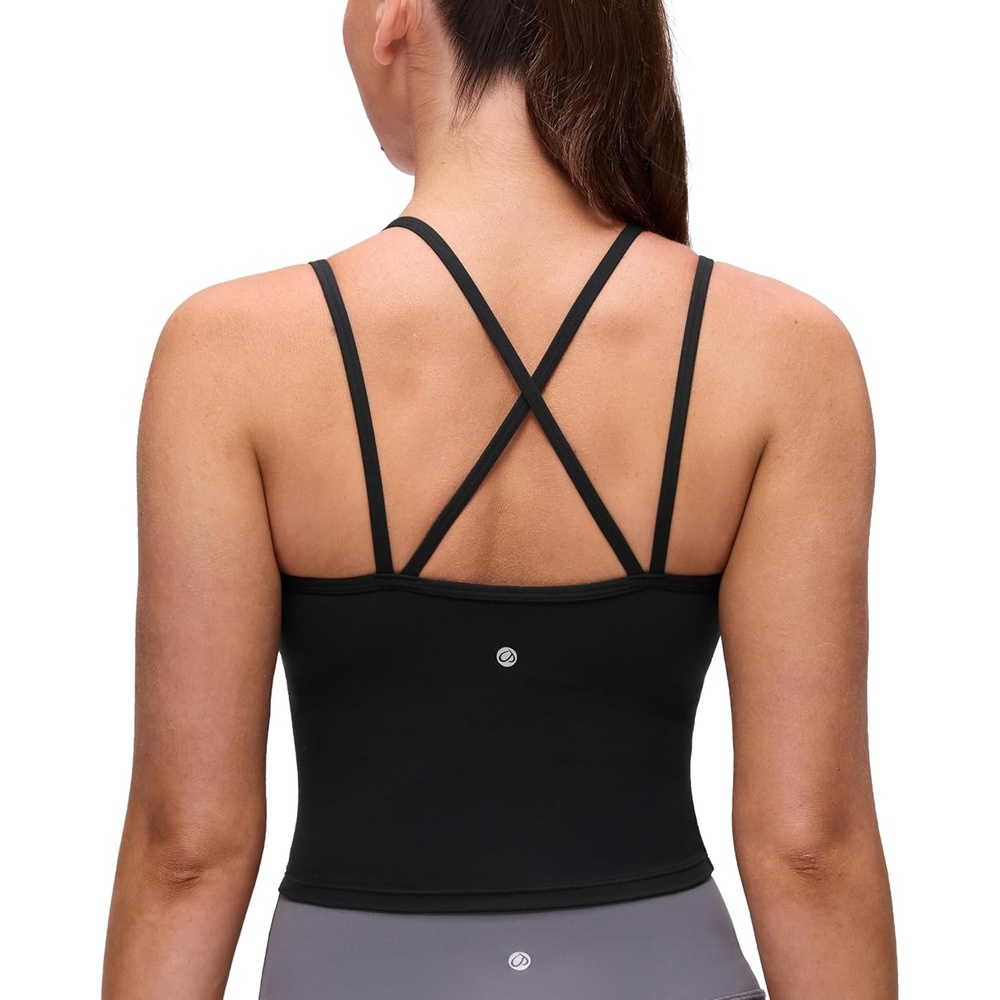 image:imageCRZ YOGA Butterluxe Cross Back Crop Tank Tops for Women V Neck Padded Spaghetti Straps Yoga Strappy Longline Sports BrasBlack