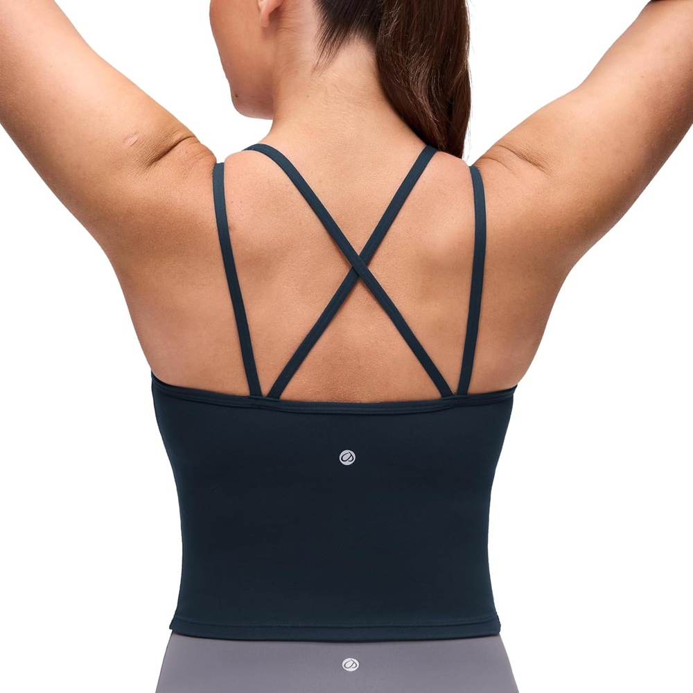 image:imageCRZ YOGA Butterluxe Cross Back Crop Tank Tops for Women V Neck Padded Spaghetti Straps Yoga Strappy Longline Sports BrasTrue Navy