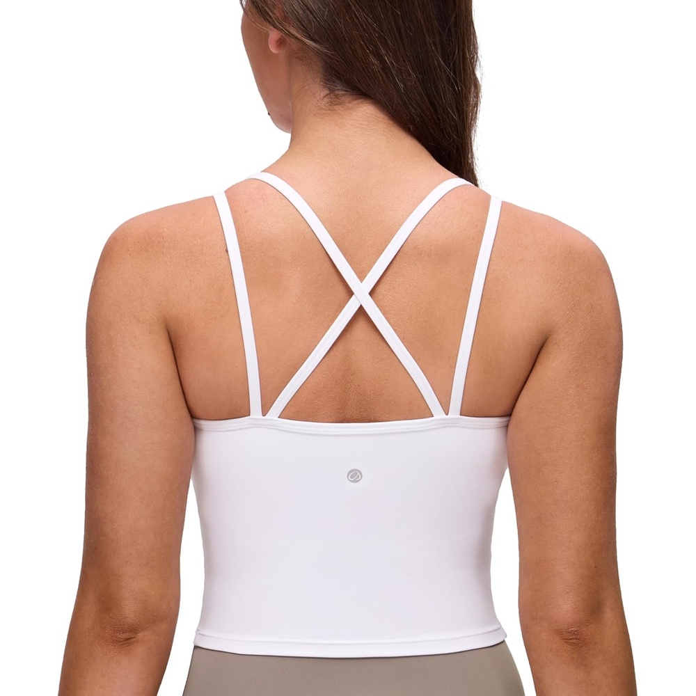 image:imageCRZ YOGA Butterluxe Cross Back Crop Tank Tops for Women V Neck Padded Spaghetti Straps Yoga Strappy Longline Sports BrasWhite
