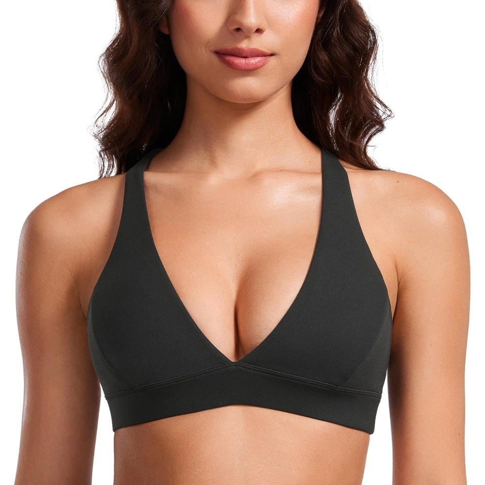 image:imageCRZ YOGA Butterluxe Deep VNeck Sports Bras for Women Spaghetti Strap Criss Cross Padded Top Low Coverage Wireless YogaBlack