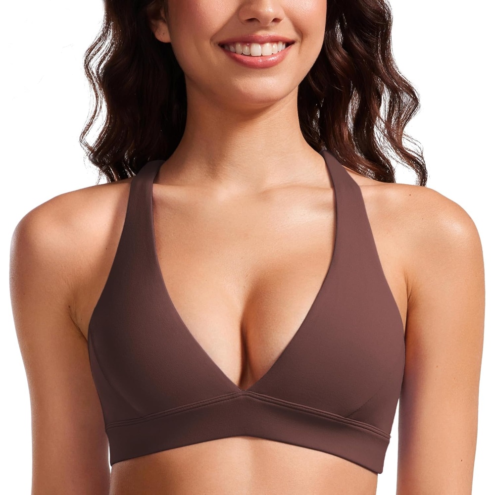 image:imageCRZ YOGA Butterluxe Deep VNeck Sports Bras for Women Spaghetti Strap Criss Cross Padded Top Low Coverage Wireless YogaTaupe