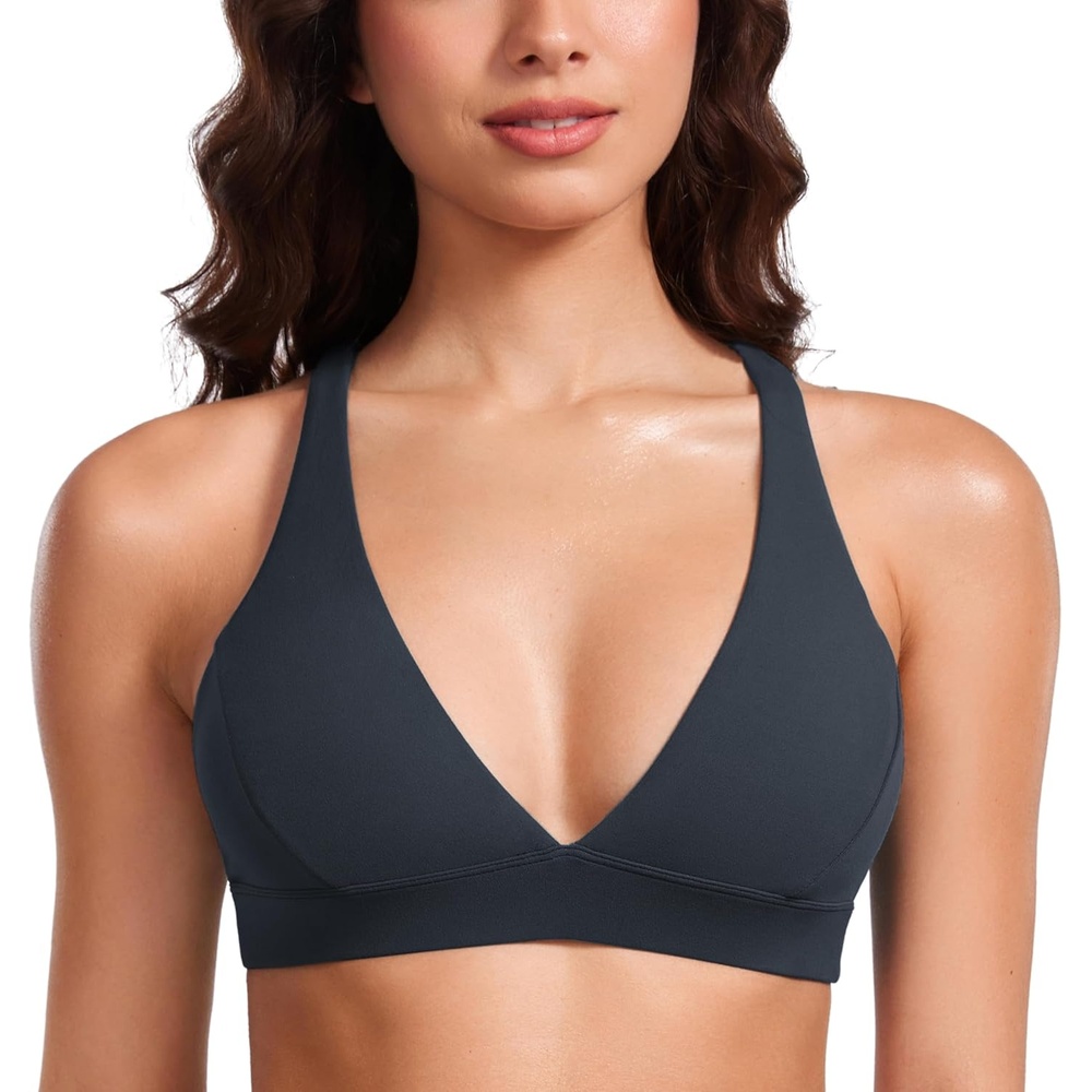 image:imageCRZ YOGA Butterluxe Deep VNeck Sports Bras for Women Spaghetti Strap Criss Cross Padded Top Low Coverage Wireless YogaTrue Navy