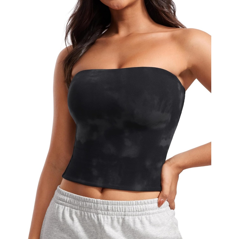 image:imageCRZ YOGA Butterluxe Double Lined Tube Tops for Women Going Out Casual Tank Bandeau Crop Strapless ShirtsBlack Tie Dye Flowers