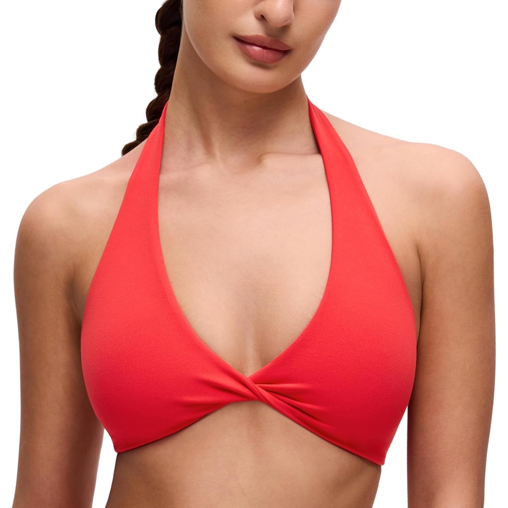 image:imageCRZ YOGA Butterluxe Double Lined Twist Halter Sports Bras for Women Deep V Neck Crop Top Casual Open Back Non PaddedDeep Red
