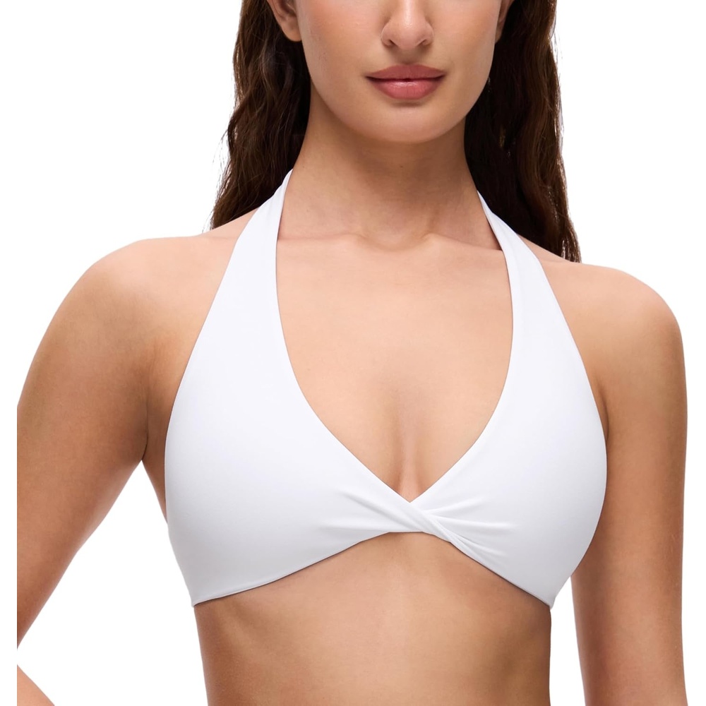 image:imageCRZ YOGA Butterluxe Double Lined Twist Halter Sports Bras for Women Deep V Neck Crop Top Casual Open Back Non PaddedWhite