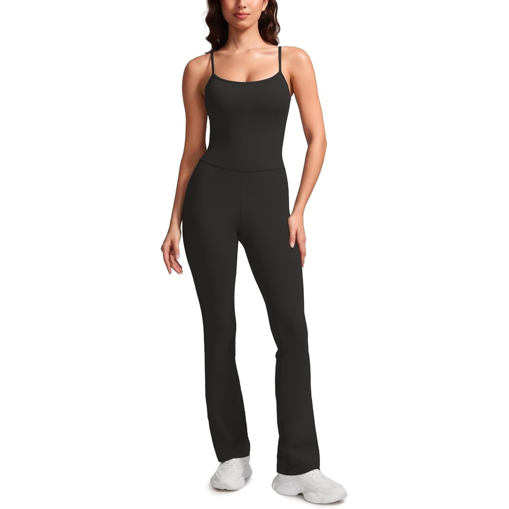 image:imageCRZ YOGA Butterluxe Flare Jumpsuits for Women Spaghetti Strap Workout Athletic Onesie Square Neck Bodysuits with Built in BraBlack