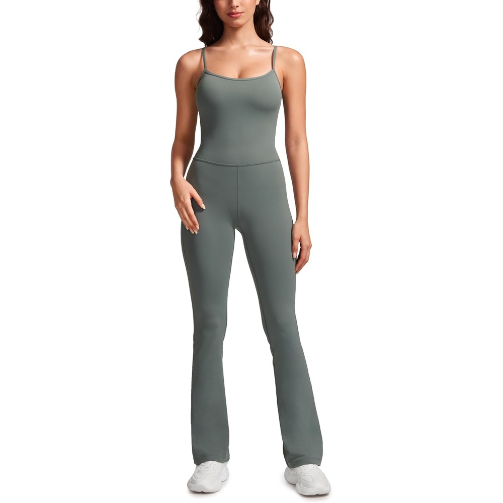 image:imageCRZ YOGA Butterluxe Flare Jumpsuits for Women Spaghetti Strap Workout Athletic Onesie Square Neck Bodysuits with Built in BraGrey Sage