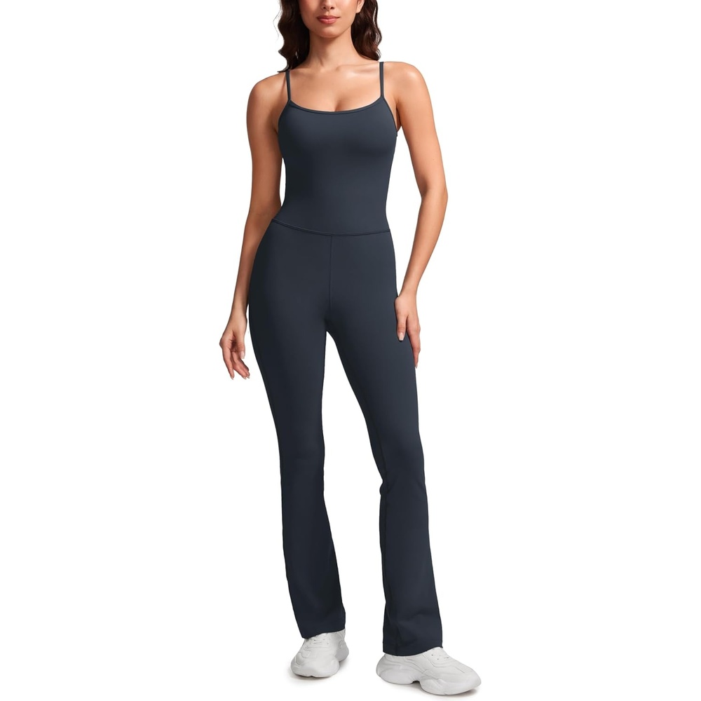 image:imageCRZ YOGA Butterluxe Flare Jumpsuits for Women Spaghetti Strap Workout Athletic Onesie Square Neck Bodysuits with Built in BraTrue Navy