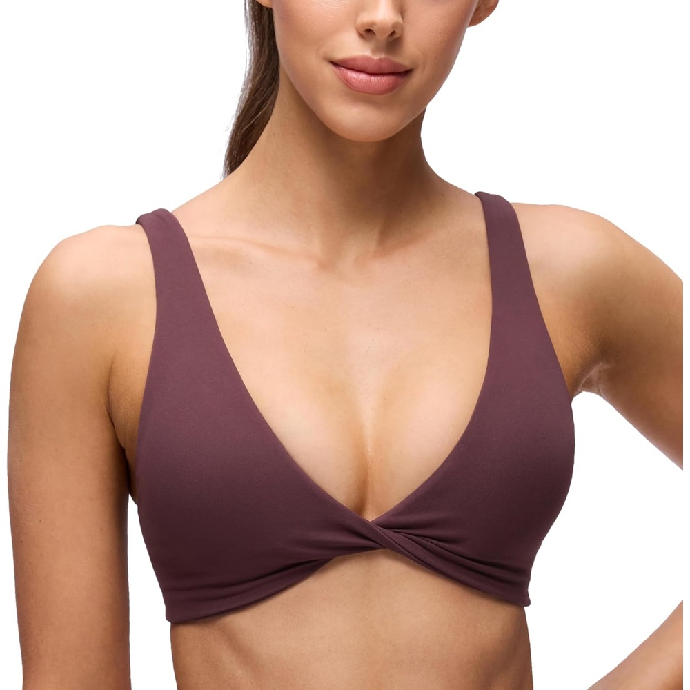 image:imageCRZ YOGA Butterluxe Front Twist Deep V Neck Sports Bras for Women Wide Straps Padded U Back Yoga Crop TopRipe Plum