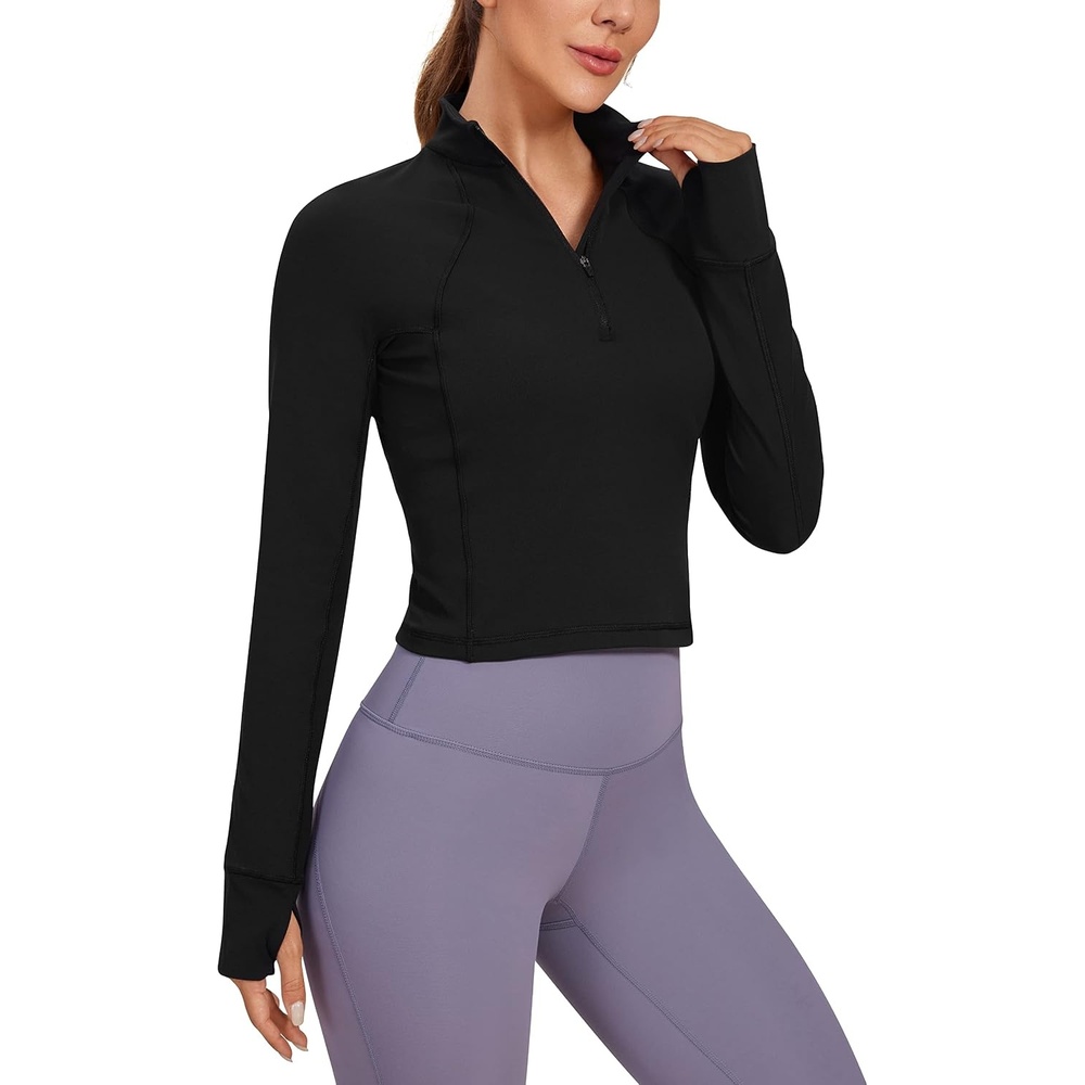 image:imageCRZ YOGA Butterluxe Half Zip Long Sleeve Shirts for Women Workout Athletic Yoga Tops Crop Collared Quarter Zipper TShirtBlack