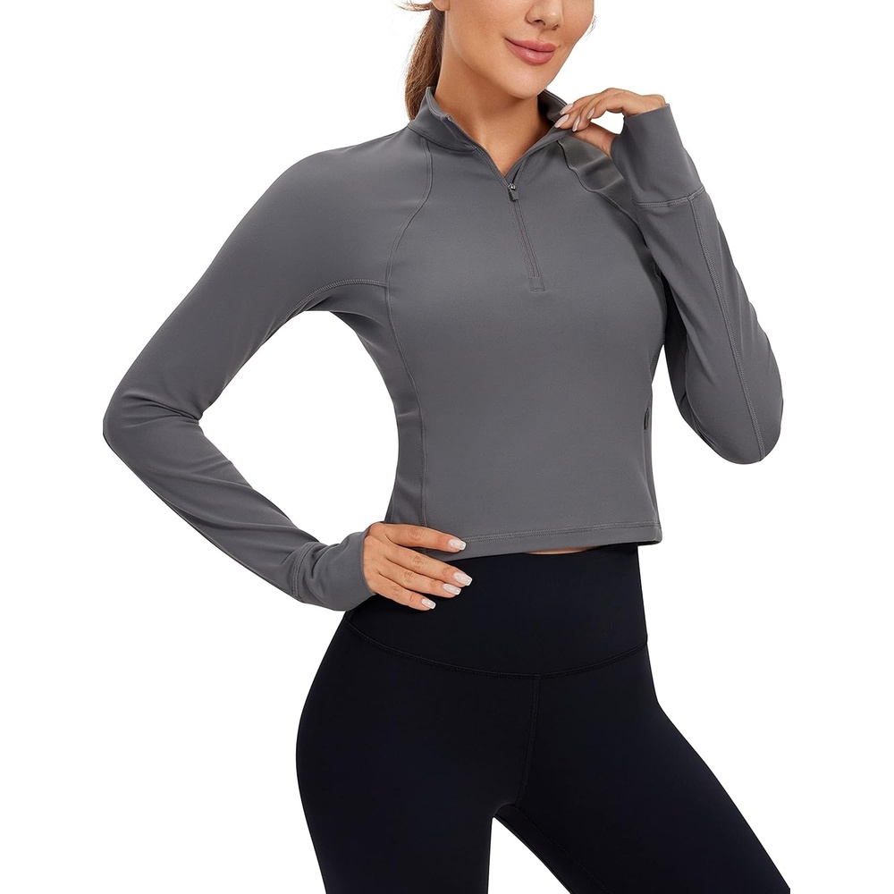image:imageCRZ YOGA Butterluxe Half Zip Long Sleeve Shirts for Women Workout Athletic Yoga Tops Crop Collared Quarter Zipper TShirtDark Carbon