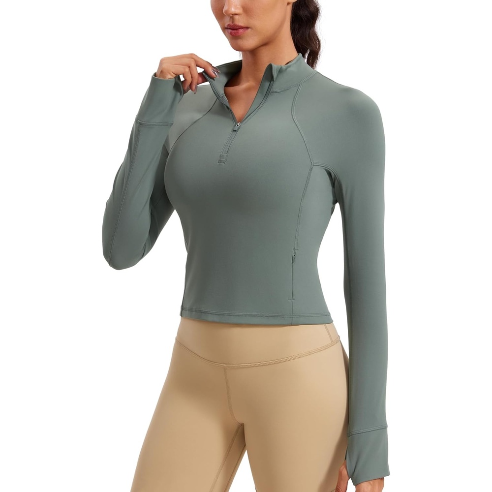 image:imageCRZ YOGA Butterluxe Half Zip Long Sleeve Shirts for Women Workout Athletic Yoga Tops Crop Collared Quarter Zipper TShirtGrey Sage
