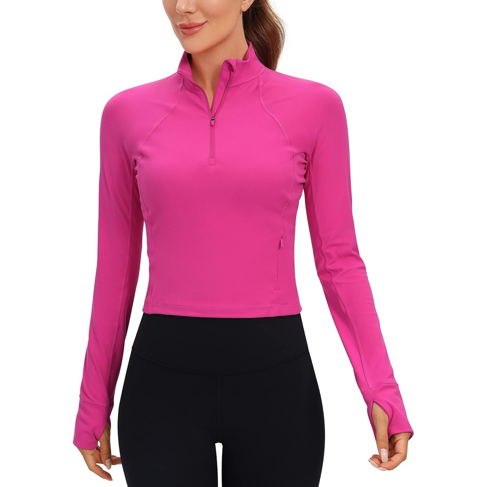 image:imageCRZ YOGA Butterluxe Half Zip Long Sleeve Shirts for Women Workout Athletic Yoga Tops Crop Collared Quarter Zipper TShirtHibiscus Purple