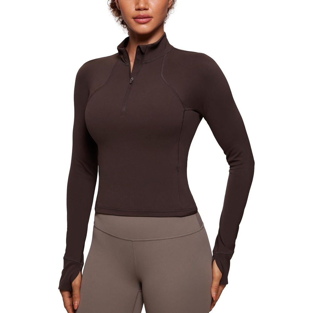 image:imageCRZ YOGA Butterluxe Half Zip Long Sleeve Shirts for Women Workout Athletic Yoga Tops Crop Collared Quarter Zipper TShirtHot Fudge Brown