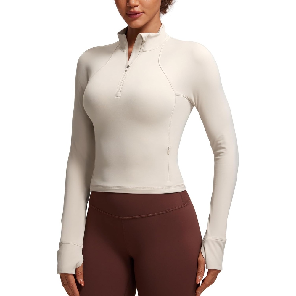 image:imageCRZ YOGA Butterluxe Half Zip Long Sleeve Shirts for Women Workout Athletic Yoga Tops Crop Collared Quarter Zipper TShirtMojave Tan