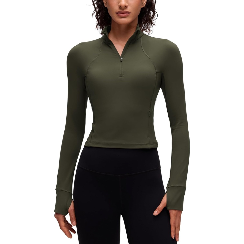 image:imageCRZ YOGA Butterluxe Half Zip Long Sleeve Shirts for Women Workout Athletic Yoga Tops Crop Collared Quarter Zipper TShirtOlive Green
