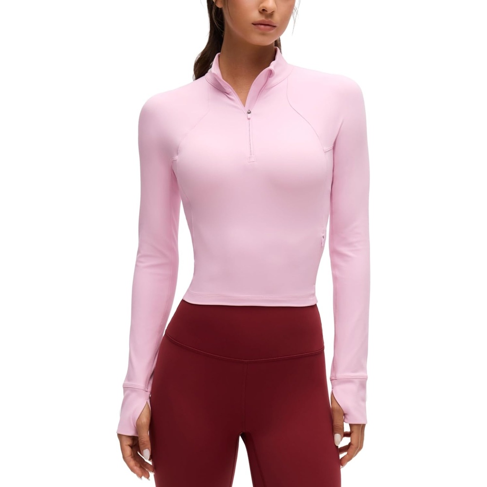image:imageCRZ YOGA Butterluxe Half Zip Long Sleeve Shirts for Women Workout Athletic Yoga Tops Crop Collared Quarter Zipper TShirtPink Peony