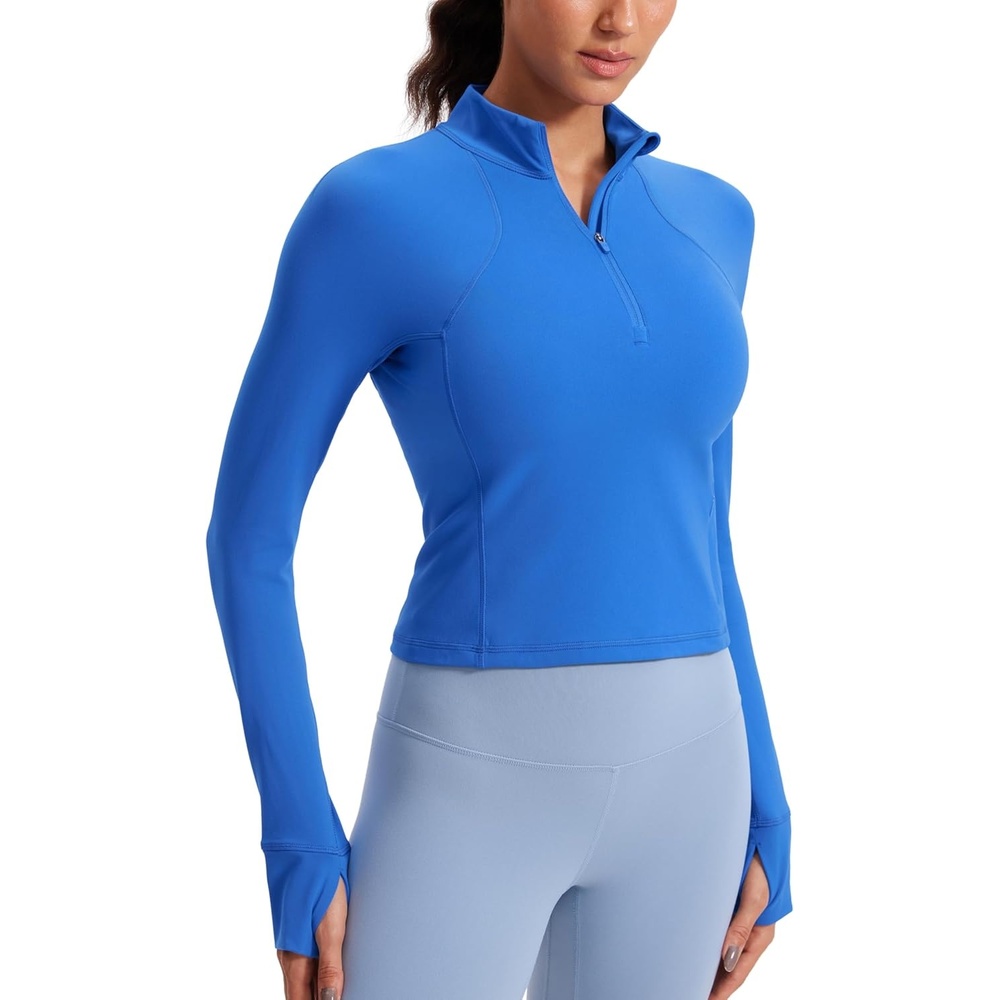 image:imageCRZ YOGA Butterluxe Half Zip Long Sleeve Shirts for Women Workout Athletic Yoga Tops Crop Collared Quarter Zipper TShirtSparkle Blue
