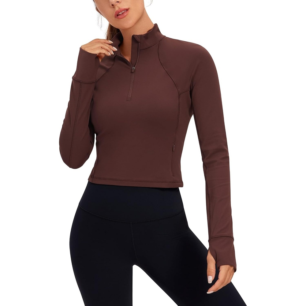 image:imageCRZ YOGA Butterluxe Half Zip Long Sleeve Shirts for Women Workout Athletic Yoga Tops Crop Collared Quarter Zipper TShirtTaupe