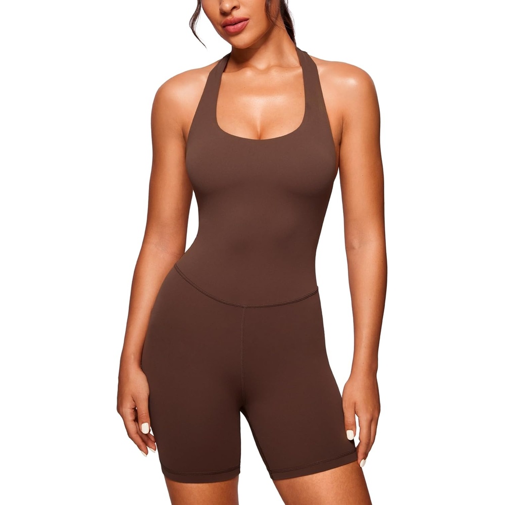image:imageCRZ YOGA Butterluxe Halter Backless Athletic Rompers for Women Workout Bodycon One Piece Shorts Jumpsuit with PadsCoffee Brown