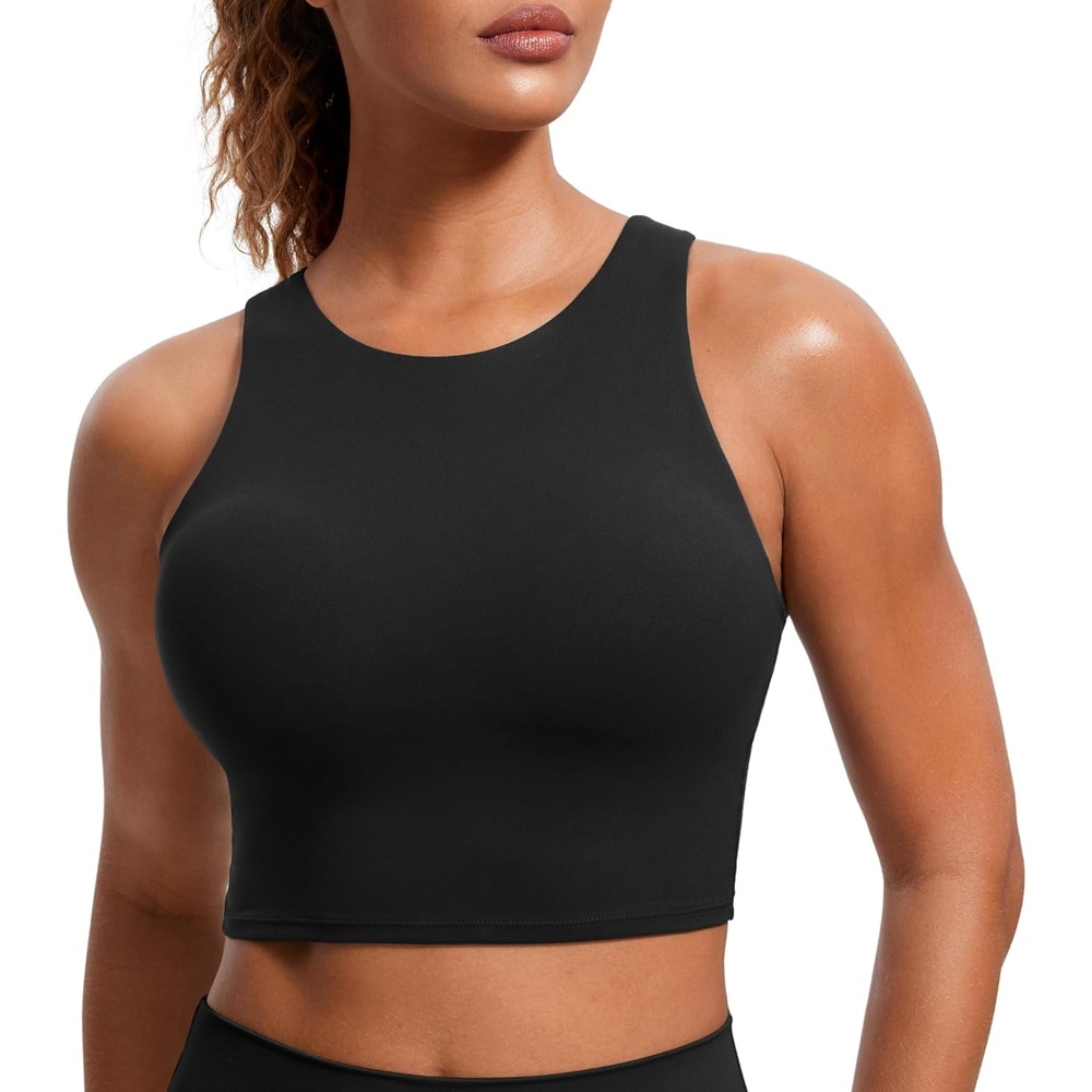 image:imageCRZ YOGA Butterluxe High Neck Crop Tank Tops for Women Racerback Padded Longline Sports Bras WorkoutBlack