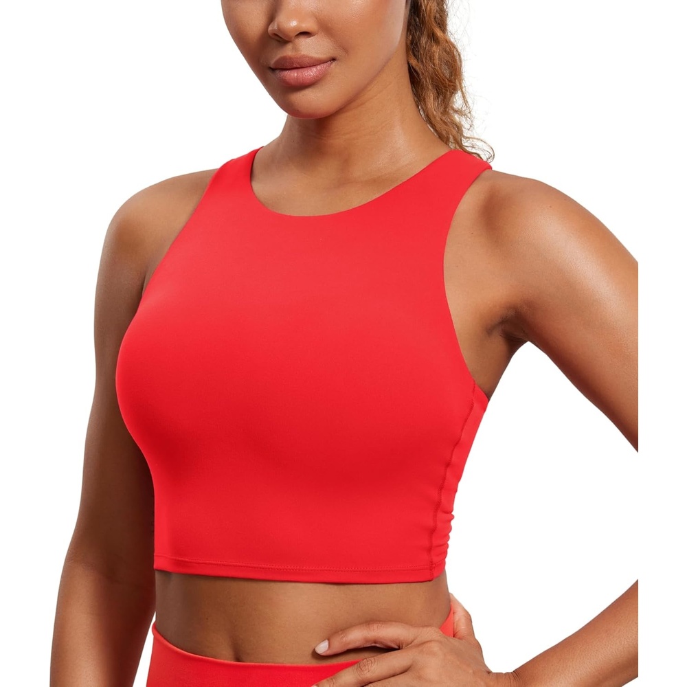 image:imageCRZ YOGA Butterluxe High Neck Crop Tank Tops for Women Racerback Padded Longline Sports Bras WorkoutDeep Red