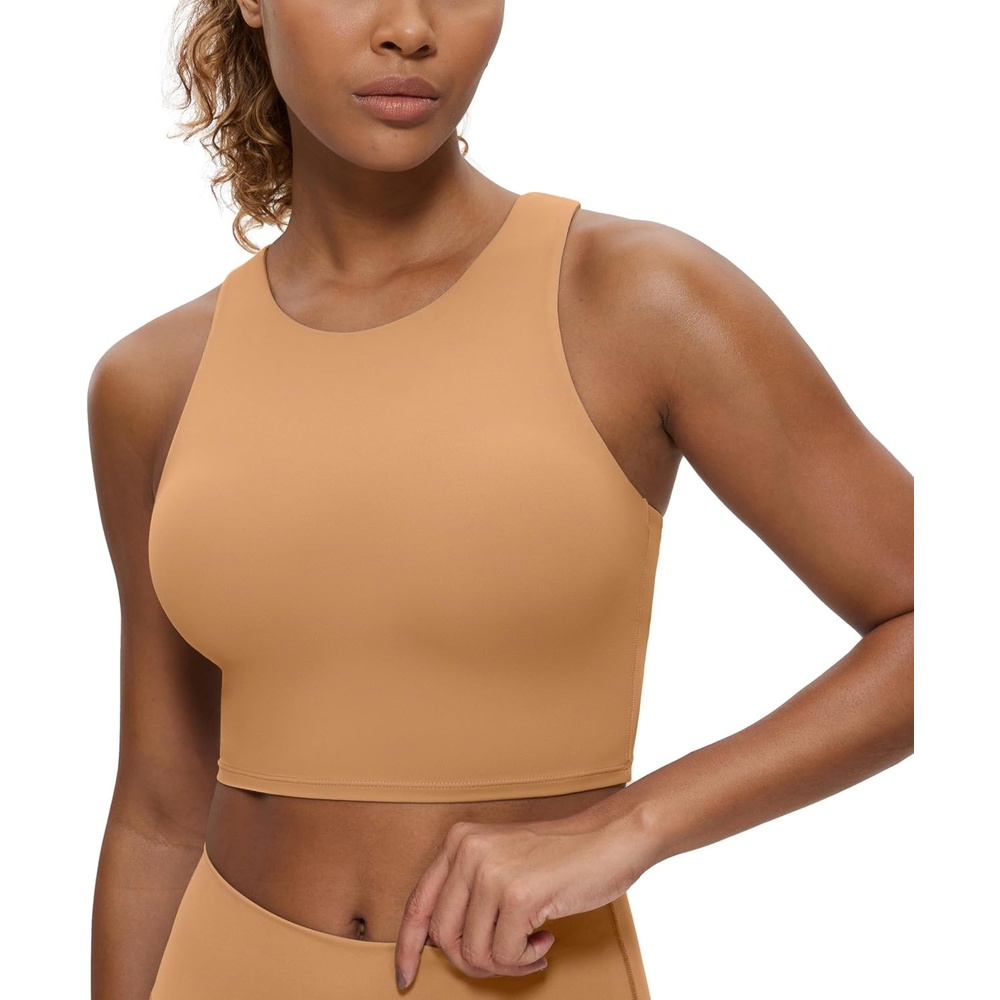 image:imageCRZ YOGA Butterluxe High Neck Crop Tank Tops for Women  Racerback Padded Longline Sports Bras WorkoutDoe Brown